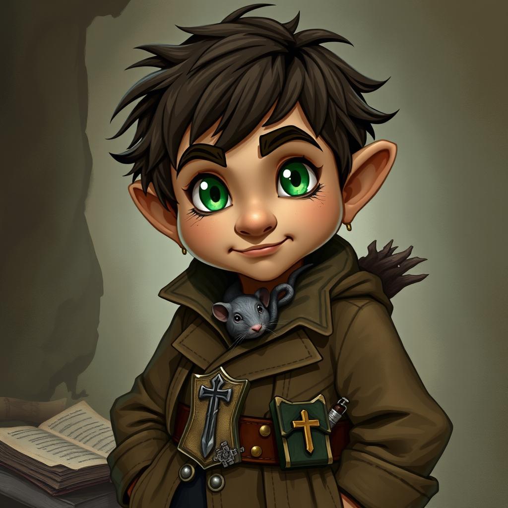 A 3'2" Rock Gnome named Alric, with a lithe build and quick hands, showcasing a curious glint in his emerald green eyes