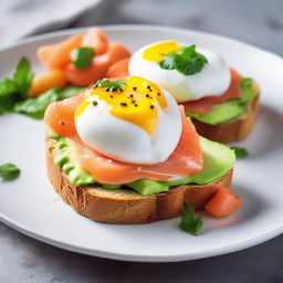 Two poached eggs served on a slice of crusty bread, topped with ripe, sliced avocado, smoked salmon, and a sprinkling of luxurious caviar, served on a white porcelain plate.