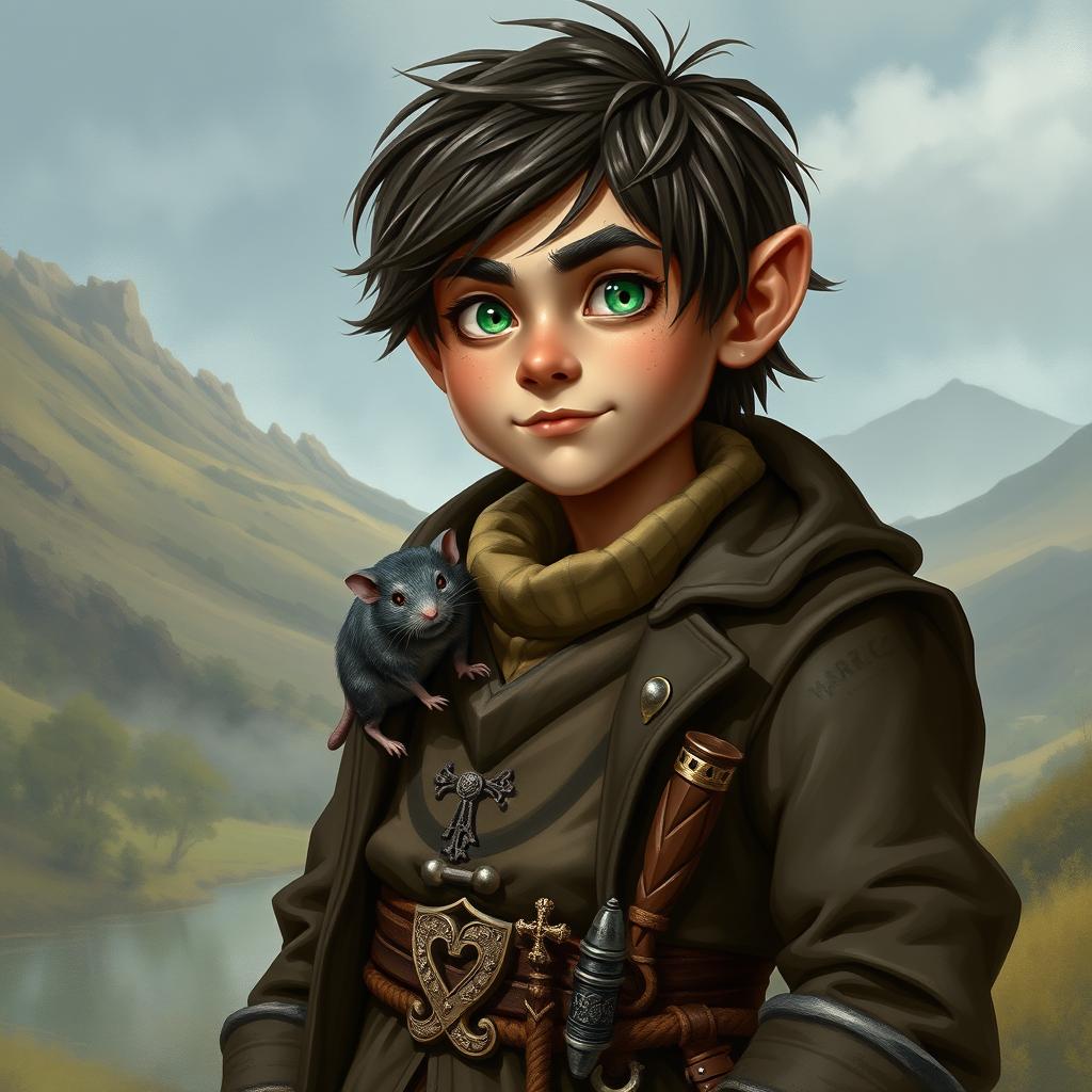 A realistic depiction of a 3'2" Rock Gnome named Alric, featuring a lithe build and quick hands
