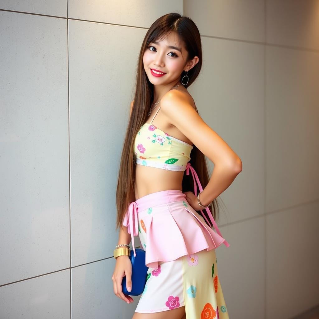 A pretty K-Pop girl posing for a photo, wearing fancy summer clothes that feature vibrant colors and trendy designs