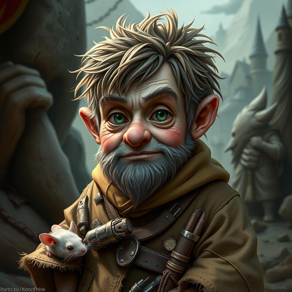 A middle-aged Rock Gnome named Alric, standing 3'2" with a wiry frame