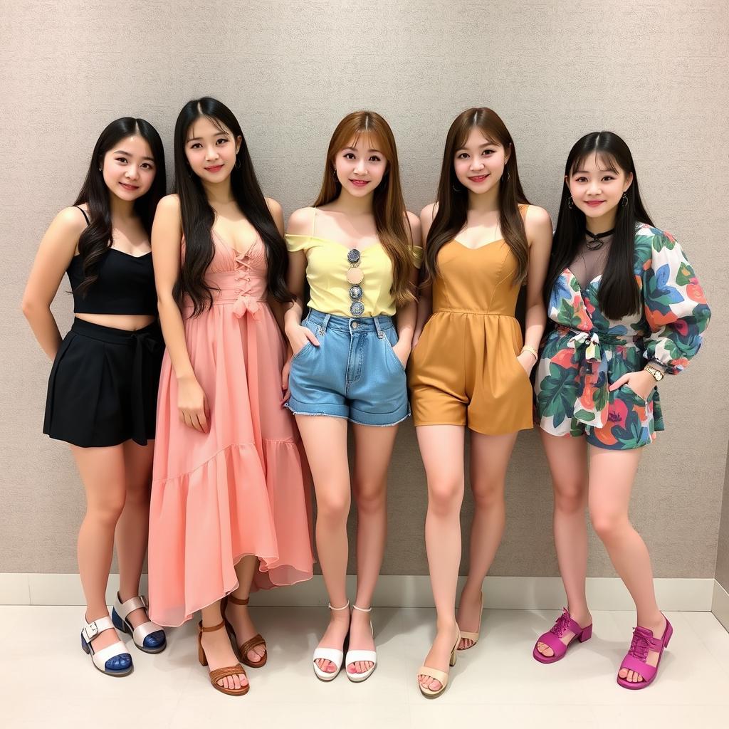 Five pretty K-Pop girls posing for a photo, wearing fancy summer clothes that feature vibrant colors and trendy designs