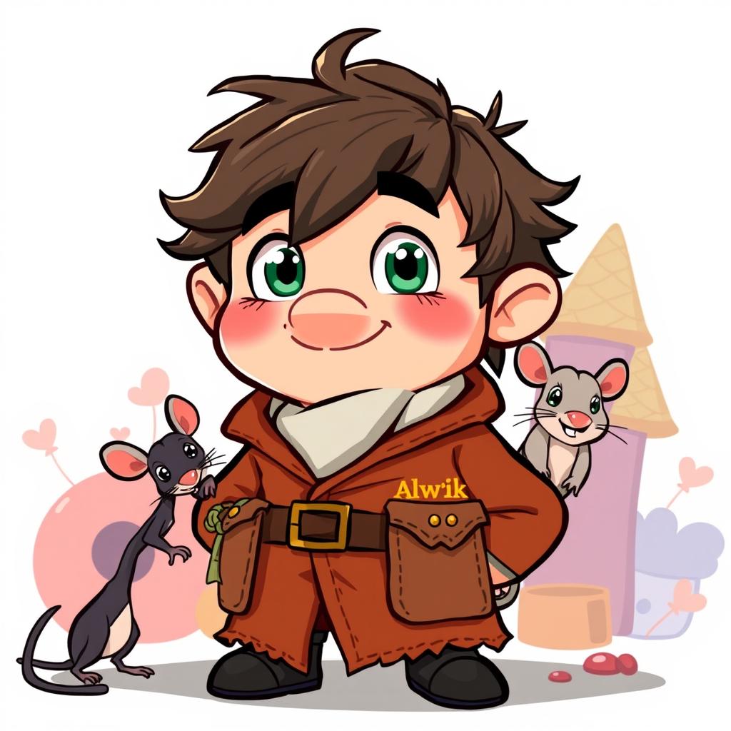 A cartoon-style illustration of a 3'2" Rock Gnome named Alric, featuring a simpler design with oversized expressive emerald eyes and tousled dark brown hair