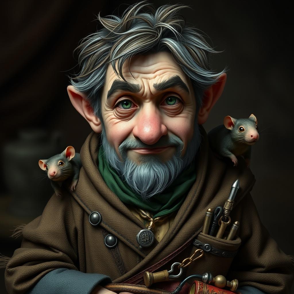 A realistic portrayal of a 3'2" middle-aged Rock Gnome named Alric, characterized by a wiry build and an unkempt appearance