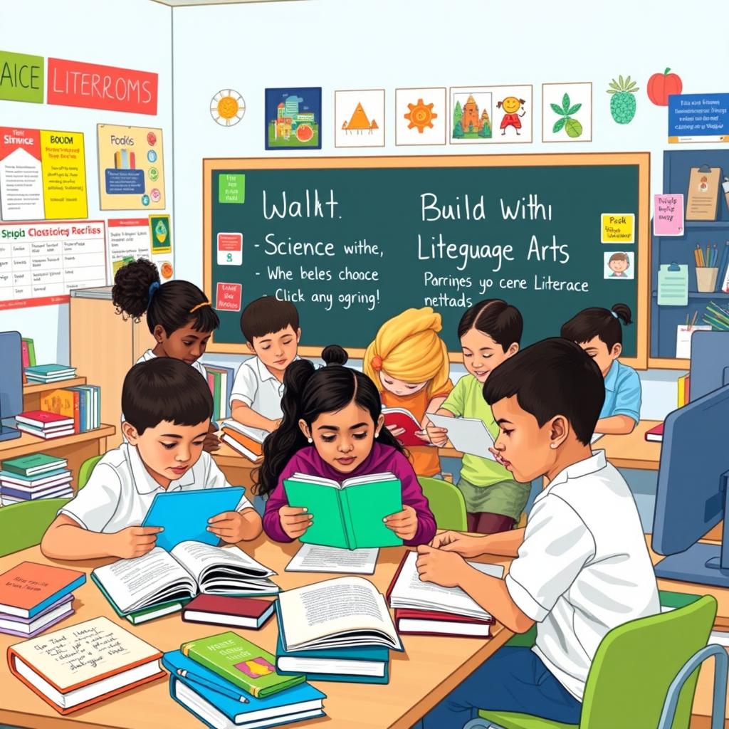 An engaging and colorful classroom scene showcasing diverse students collaborating on building literacies across various subjects such as math, science, and language arts