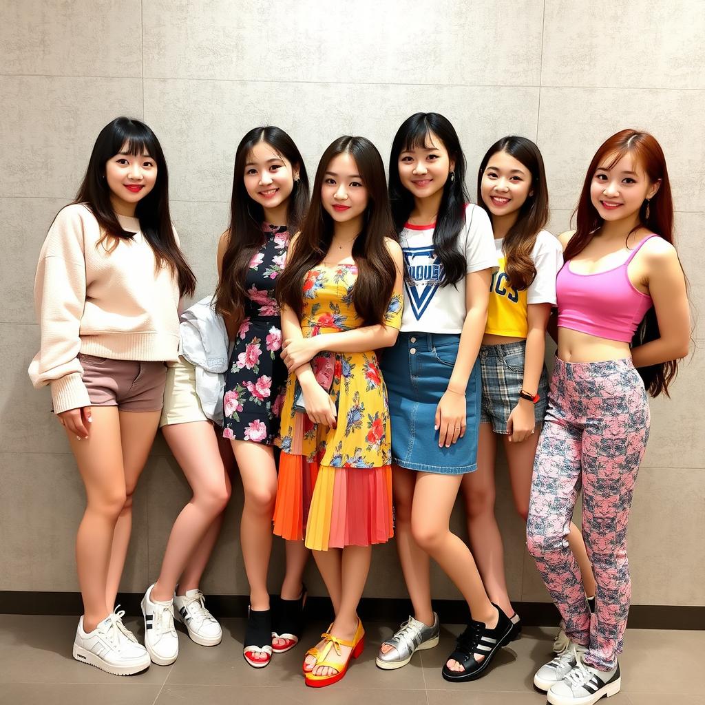 Five pretty K-Pop girls posing for a photo, wearing cute, chic, and colorful clothes