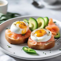 Two poached eggs served on a slice of crusty bread, topped with ripe, sliced avocado, smoked salmon, and a sprinkling of luxurious caviar, served on a white porcelain plate.