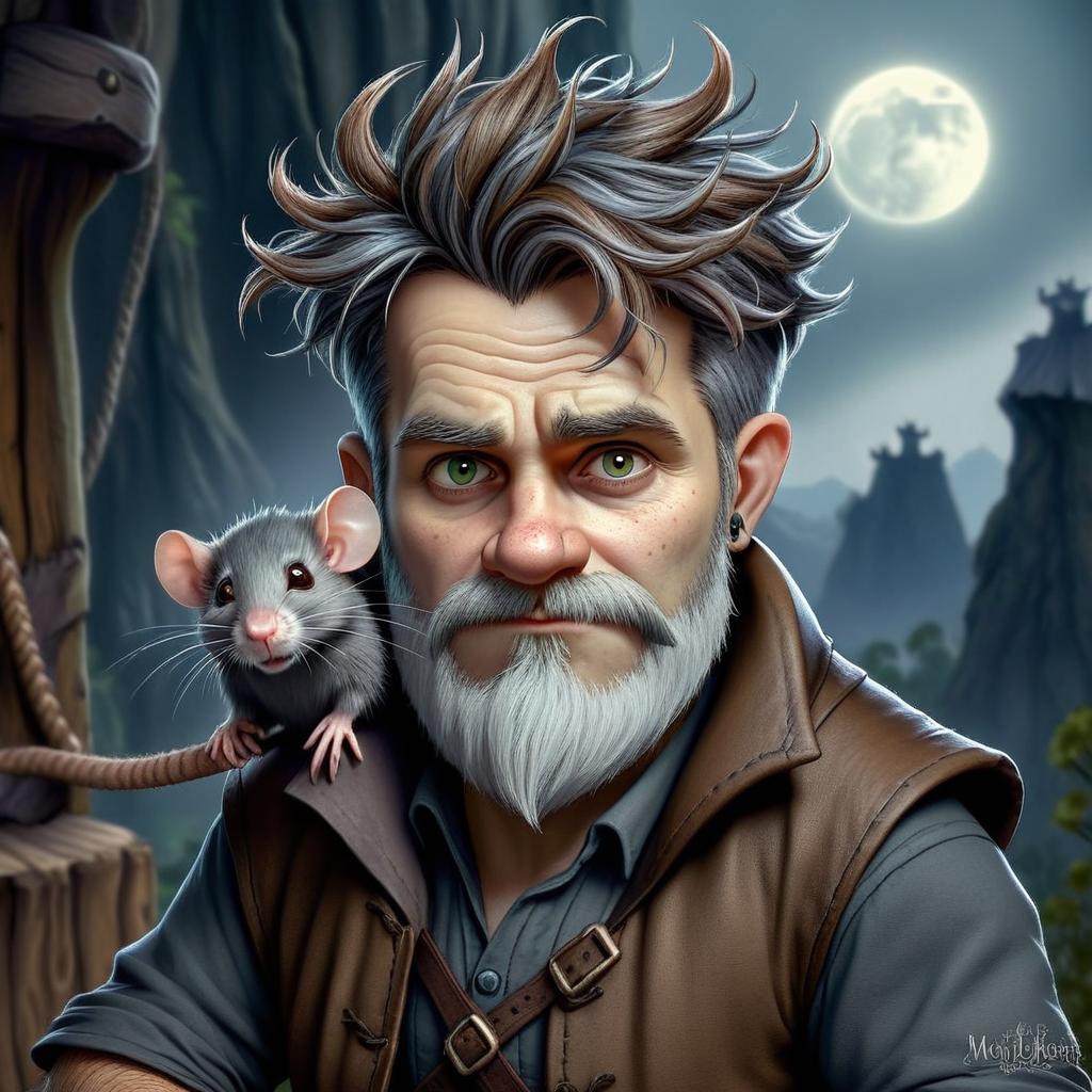 Moonlit Encounter: Man & Curious Rodent