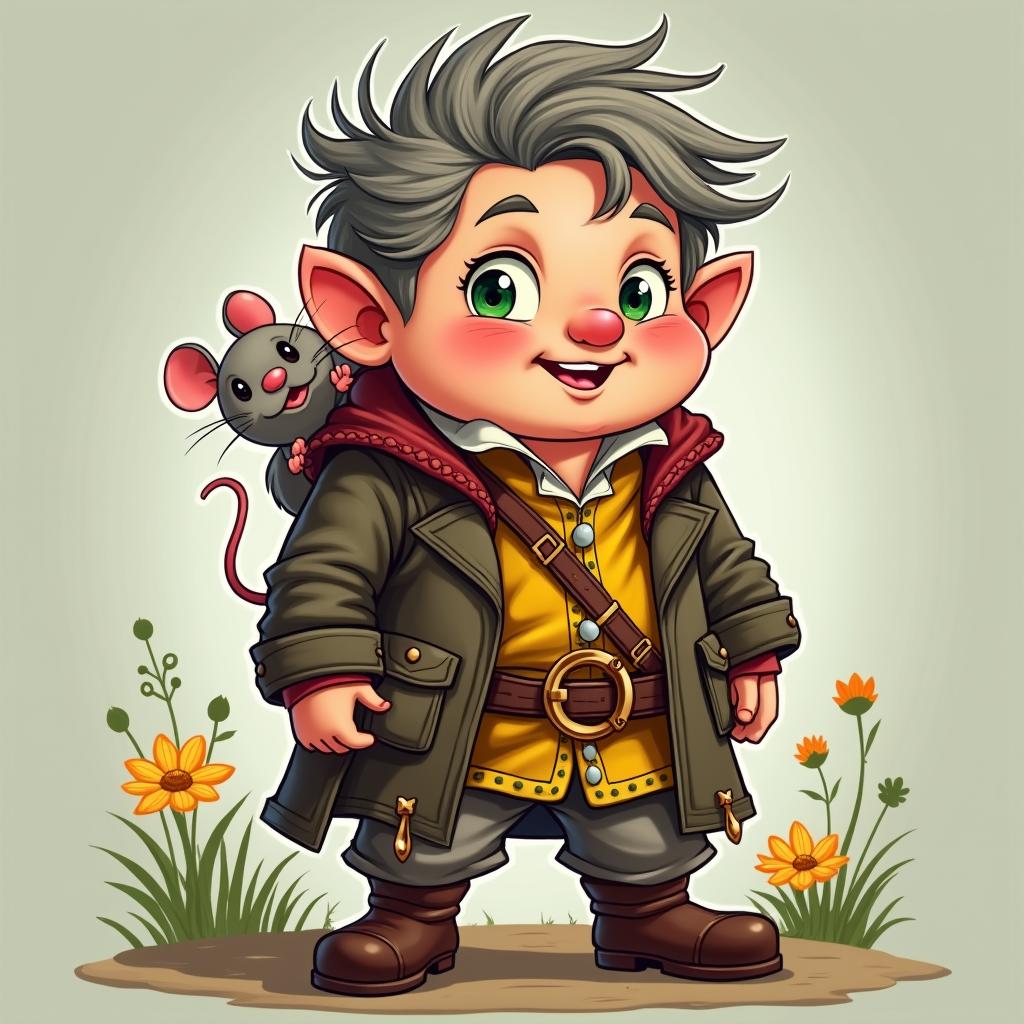 A cartoon-style illustration of a gnome named Alric, emphasizing his gnome-like features such as a round face, oversized nose, and prominent pointed ears