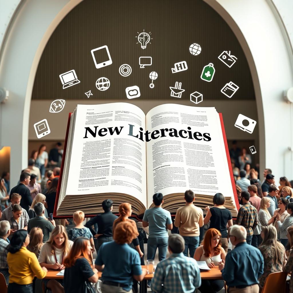 A large, open book at the center of the image displaying the words "New Literacies" prominently across the pages