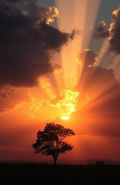 A stunning transformation from darkness to light, featuring a vibrant sunrise breaking through dark clouds, illuminating the sky with hues of orange, pink, and gold
