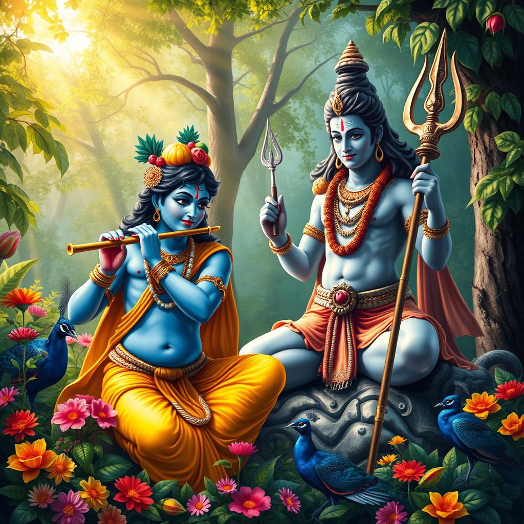 A vibrant and detailed scene of Lord Krishna worshipping Lord Shiva, set in a lush, verdant forest
