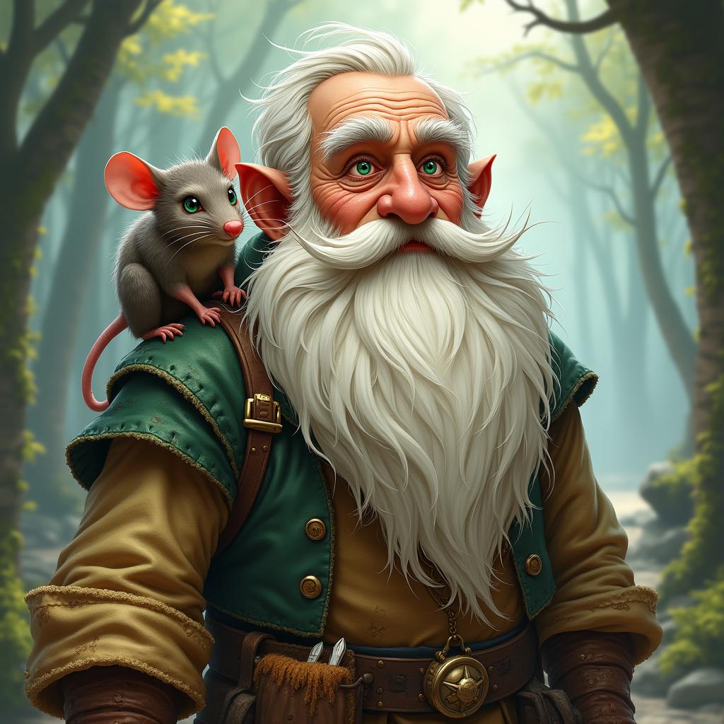 An illustration of an elderly gnome named Alric, characterized by deep-set, wise emerald eyes and a long, bushy white beard that flows down to his chest