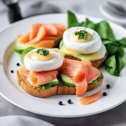 Two poached eggs served on a slice of crusty bread, topped with ripe, sliced avocado, smoked salmon, and a sprinkling of luxurious caviar, served on a white porcelain plate.