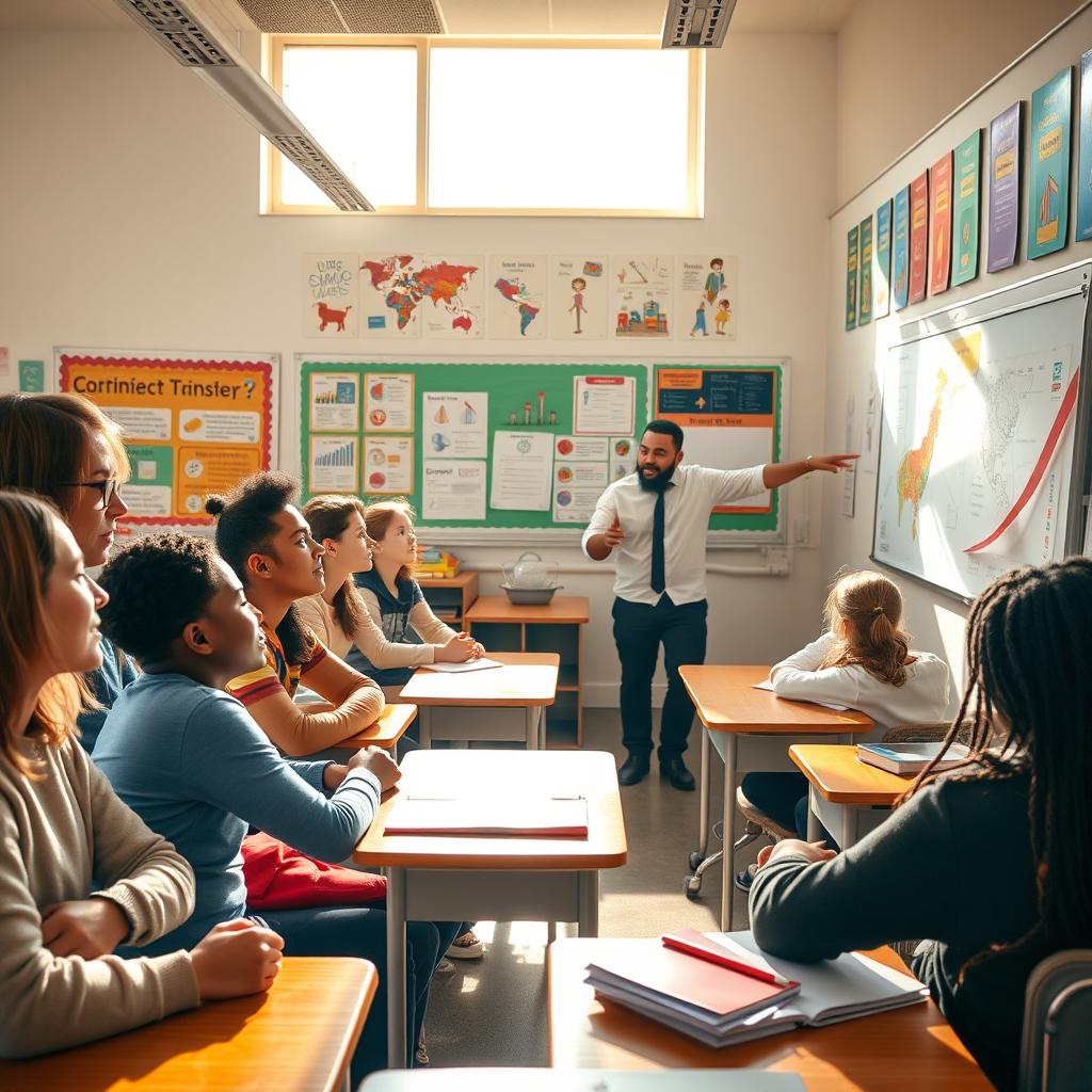 A lively classroom setting with diverse students actively listening to a discussion
