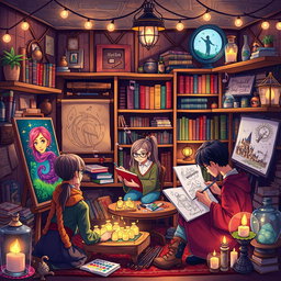 An imaginative and vibrant illustration featuring a magical art group inspired by the Harry Potter universe