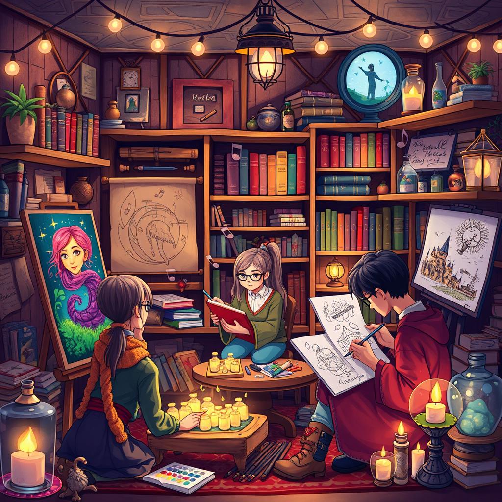 An imaginative and vibrant illustration featuring a magical art group inspired by the Harry Potter universe