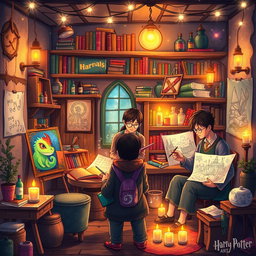 An imaginative and vibrant illustration featuring a magical art group inspired by the Harry Potter universe