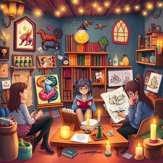An imaginative and vibrant illustration featuring a magical art group inspired by the Harry Potter universe