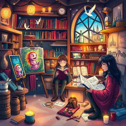 An imaginative and vibrant illustration featuring a magical art group inspired by the Harry Potter universe
