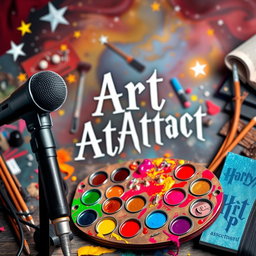 An artistic composition for a Harry Potter-themed art group, featuring a vibrant palette of paints, a professional microphone, and the phrase "Art Attack" prominently displayed
