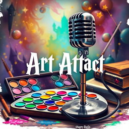 An artistic composition for a Harry Potter-themed art group, featuring a vibrant palette of paints, a professional microphone, and the phrase "Art Attack" prominently displayed