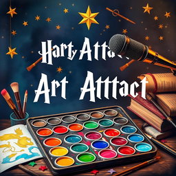 An artistic composition for a Harry Potter-themed art group, featuring a vibrant palette of paints, a professional microphone, and the phrase "Art Attack" prominently displayed