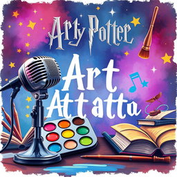 An artistic composition for a Harry Potter-themed art group, featuring a vibrant palette of paints, a professional microphone, and the phrase "Art Attack" prominently displayed