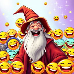 A joyful wizard laughing heartily, surrounded by an array of colorful laughter emojis
