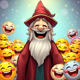 A joyful wizard laughing heartily, surrounded by an array of colorful laughter emojis