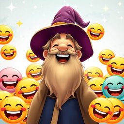 A joyful wizard laughing heartily, surrounded by an array of colorful laughter emojis