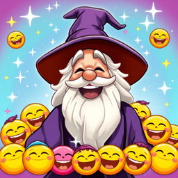 A joyful wizard laughing heartily, surrounded by an array of colorful laughter emojis