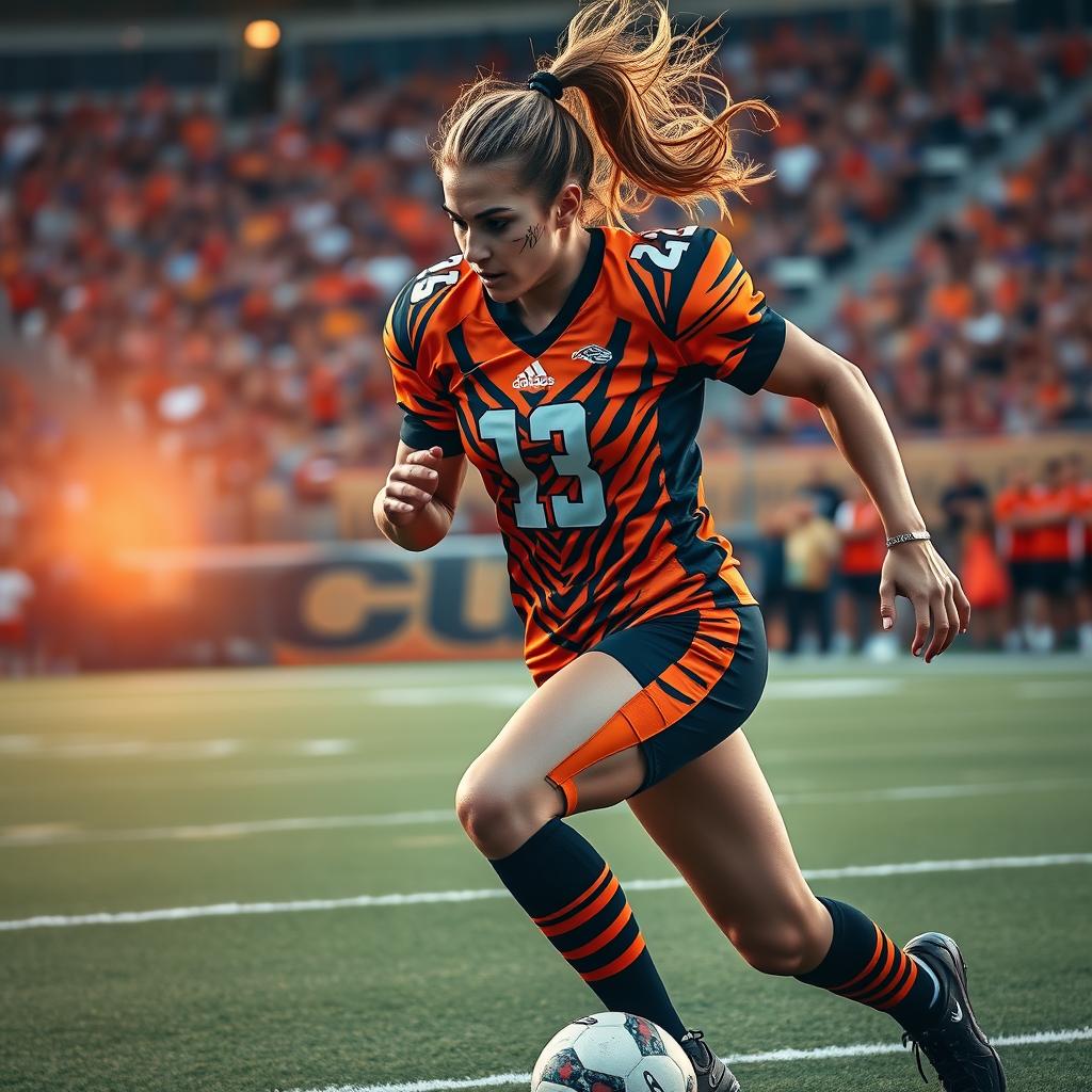 A fierce and athletic female football player, embodying the spirit of a tiger, wearing a vibrant orange and black football jersey with tiger stripes