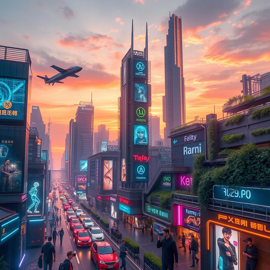 A captivating depiction of futuristic technology in a vibrant urban environment, showcasing advanced buildings made of glass and metal with holographic advertisements