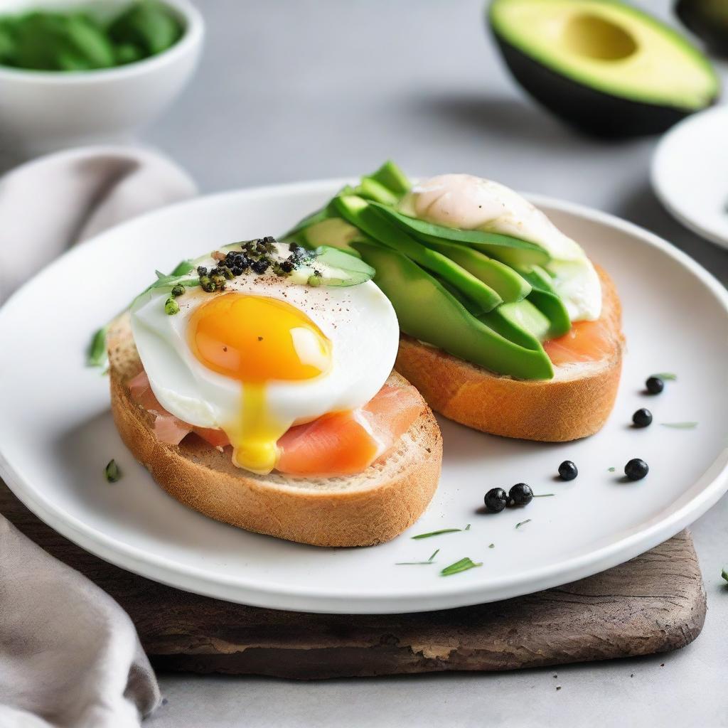 Two poached eggs served on a slice of crusty bread, topped with ripe, sliced avocado, smoked salmon, and a sprinkling of luxurious caviar, served on a white porcelain plate.