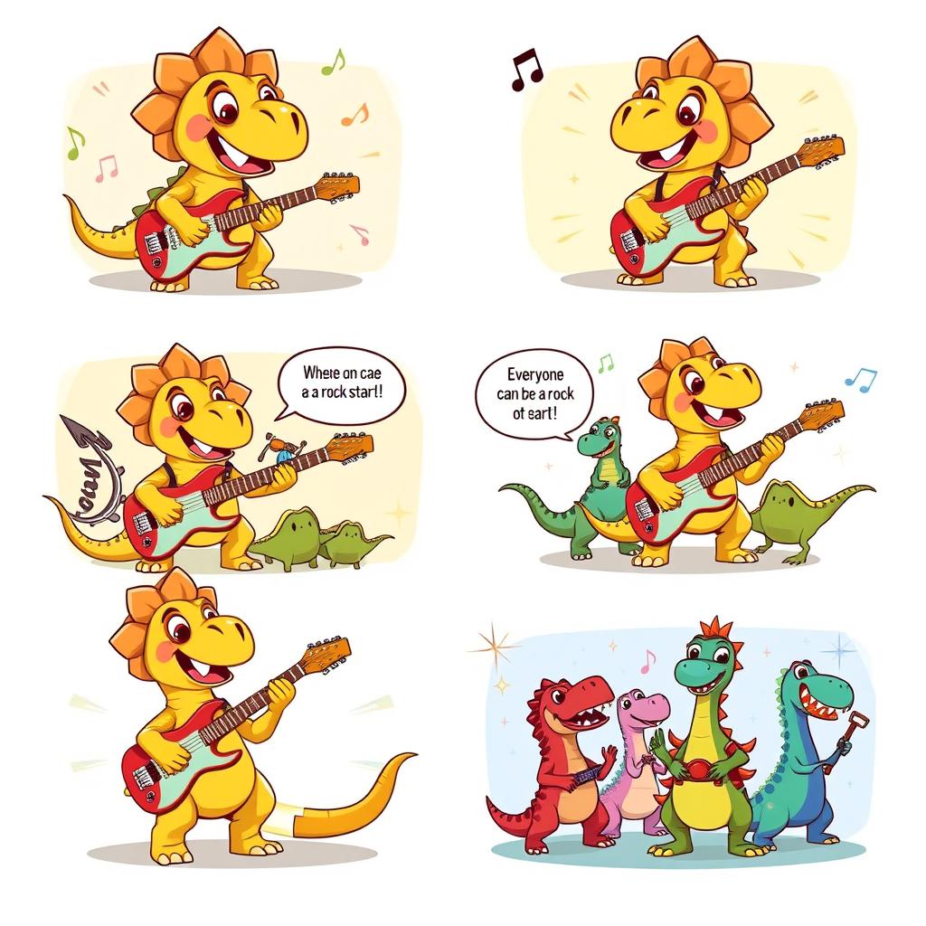 A 6-panel cartoon storyboard featuring a cute, colorful triceratops character promoting an electric guitar