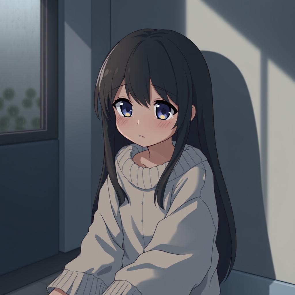 A sad anime girl sitting alone in a dimly lit room, her long flowing hair cascading over her shoulders, with large expressive eyes reflecting her sorrow