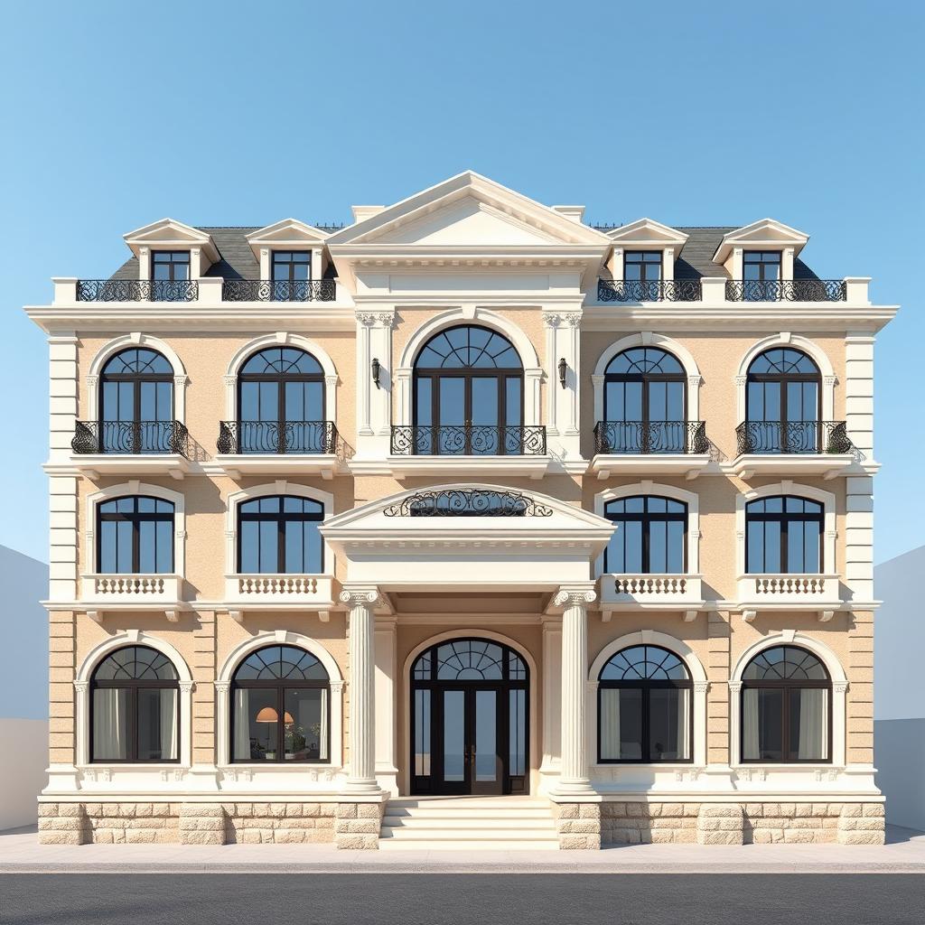 A stunning architectural rendering of a grand building design featuring a primary façade that incorporates a portico with elegant columns styled in either Doric, Ionic, or Corinthian designs, lending a classical touch to the structure