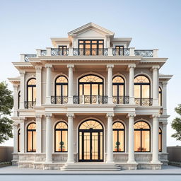 A stunning architectural rendering of a grand building design featuring a primary façade that incorporates a portico with elegant columns styled in either Doric, Ionic, or Corinthian designs, lending a classical touch to the structure