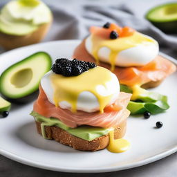 Two poached eggs on a slice of crusty bread, topped with ripe avocado, smoked salmon, a sprinkle of luxurious caviar, and a generous drizzle of creamy hollandaise sauce. All served on a white porcelain plate.