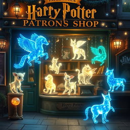 A magical scene depicting a Harry Potter-themed shop specializing in Patronus figures