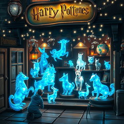 A magical scene depicting a Harry Potter-themed shop specializing in Patronus figures