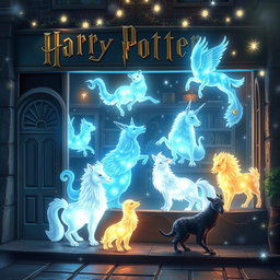 A magical scene depicting a Harry Potter-themed shop specializing in Patronus figures