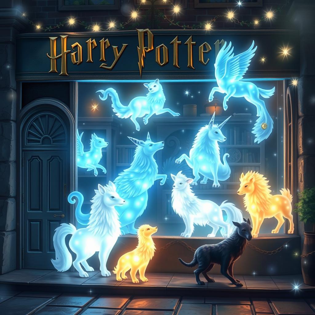 A magical scene depicting a Harry Potter-themed shop specializing in Patronus figures