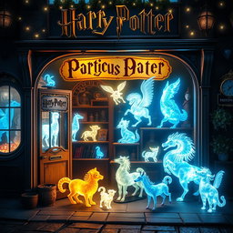 A magical scene depicting a Harry Potter-themed shop specializing in Patronus figures