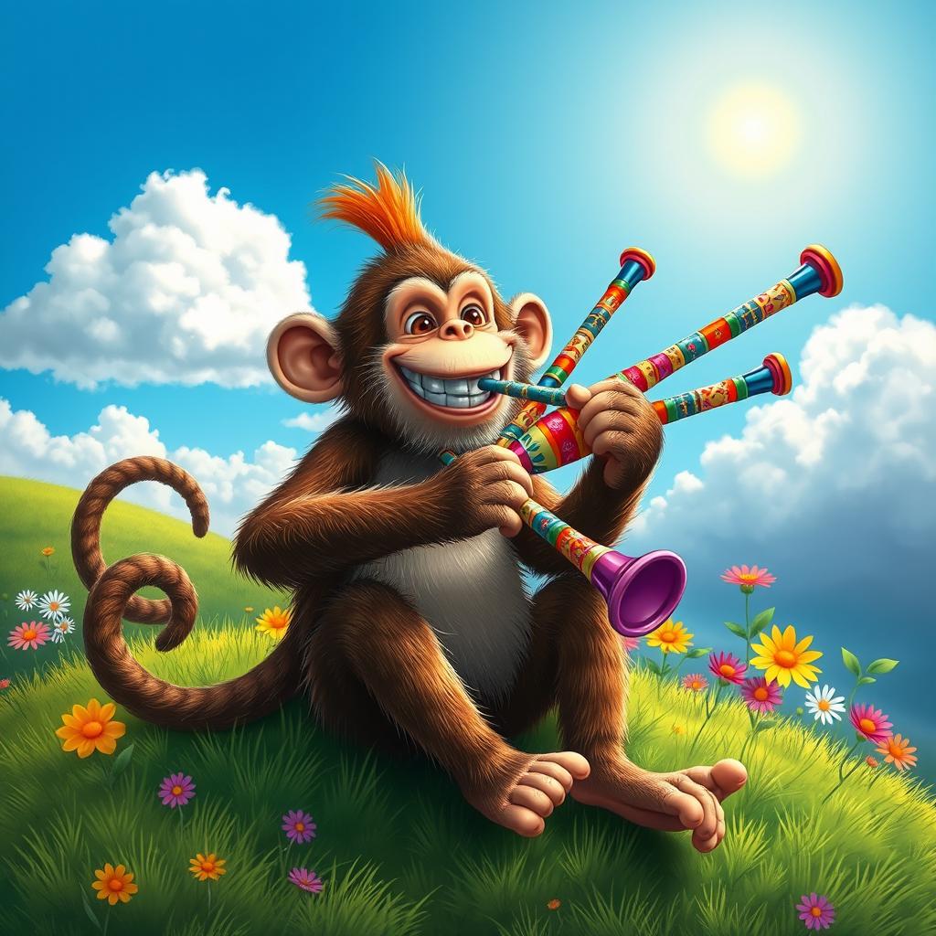 A whimsical scene of a monkey energetically playing a set of colorful bagpipes