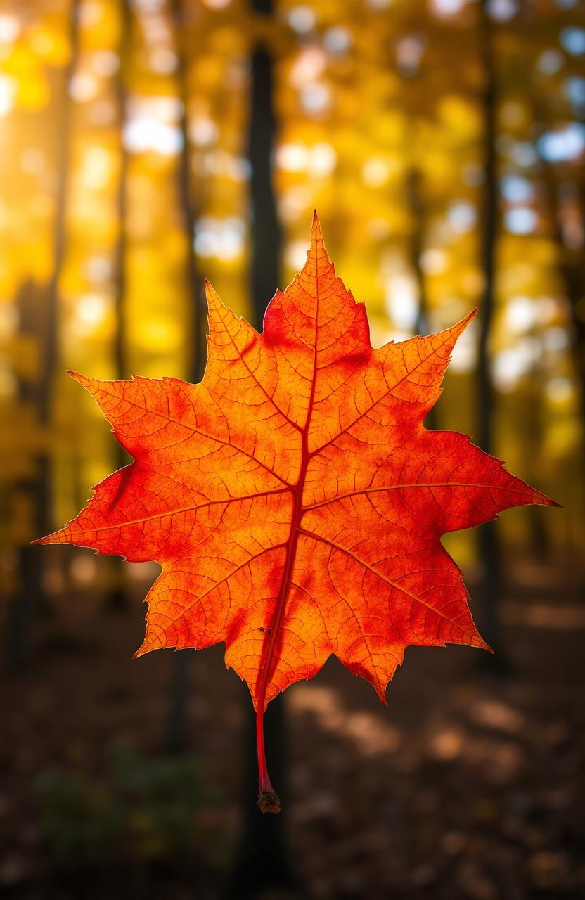 A vibrant and detailed depiction of a single maple leaf, showcasing its unique lobed shape and rich autumn colors of red, orange, and gold
