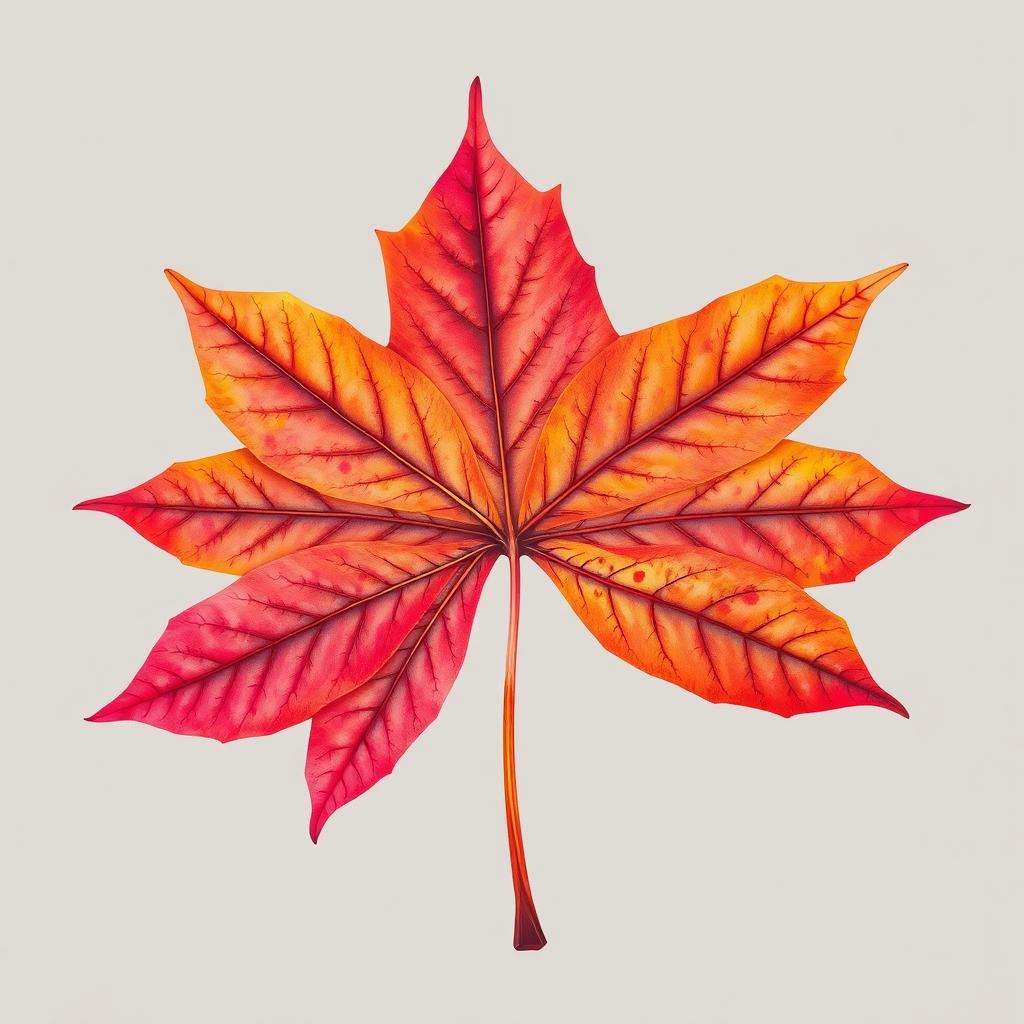 A hyper-detailed illustration of a single maple leaf, highlighting its unique lobed shape and intricate vein patterns