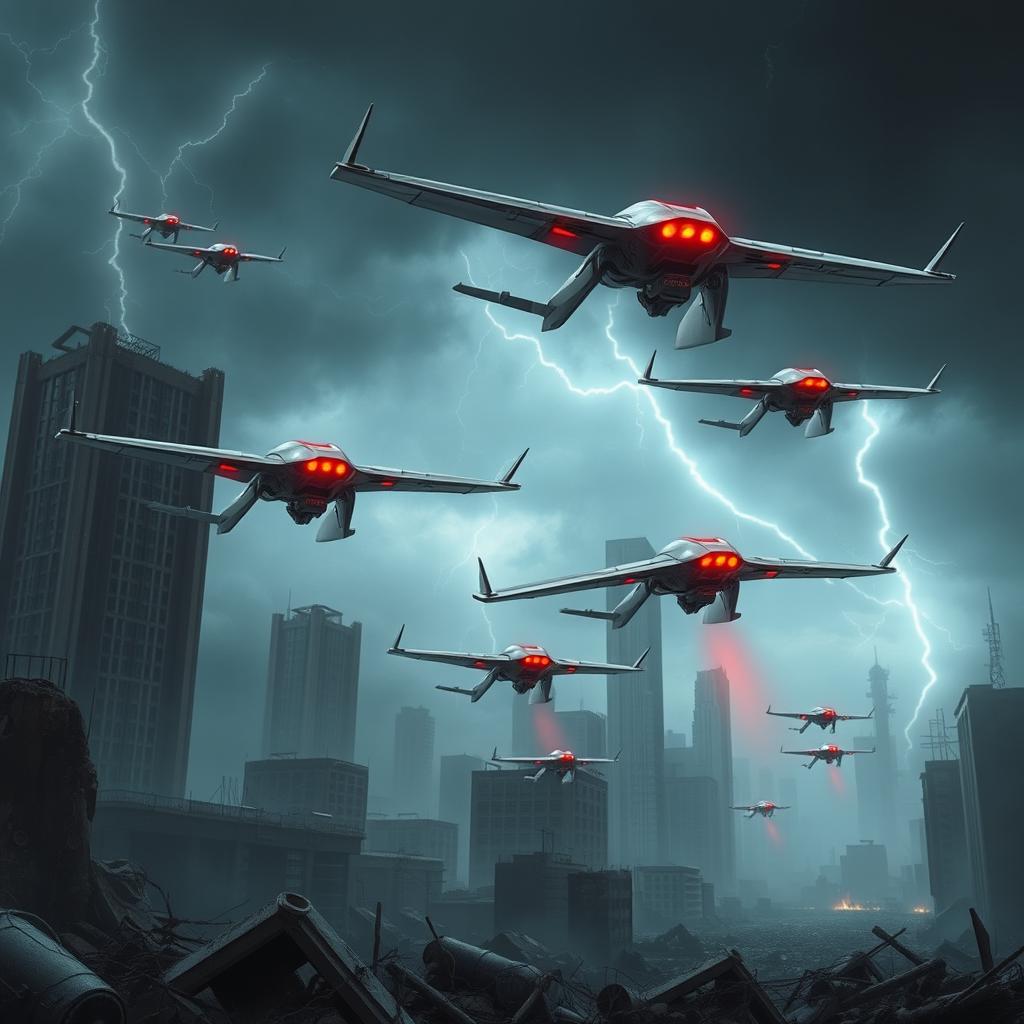A futuristic dystopian scene depicting sleek, menacing murder drones with metallic bodies, sharp angles, and glowing red eyes hovering ominously above a desolate urban landscape