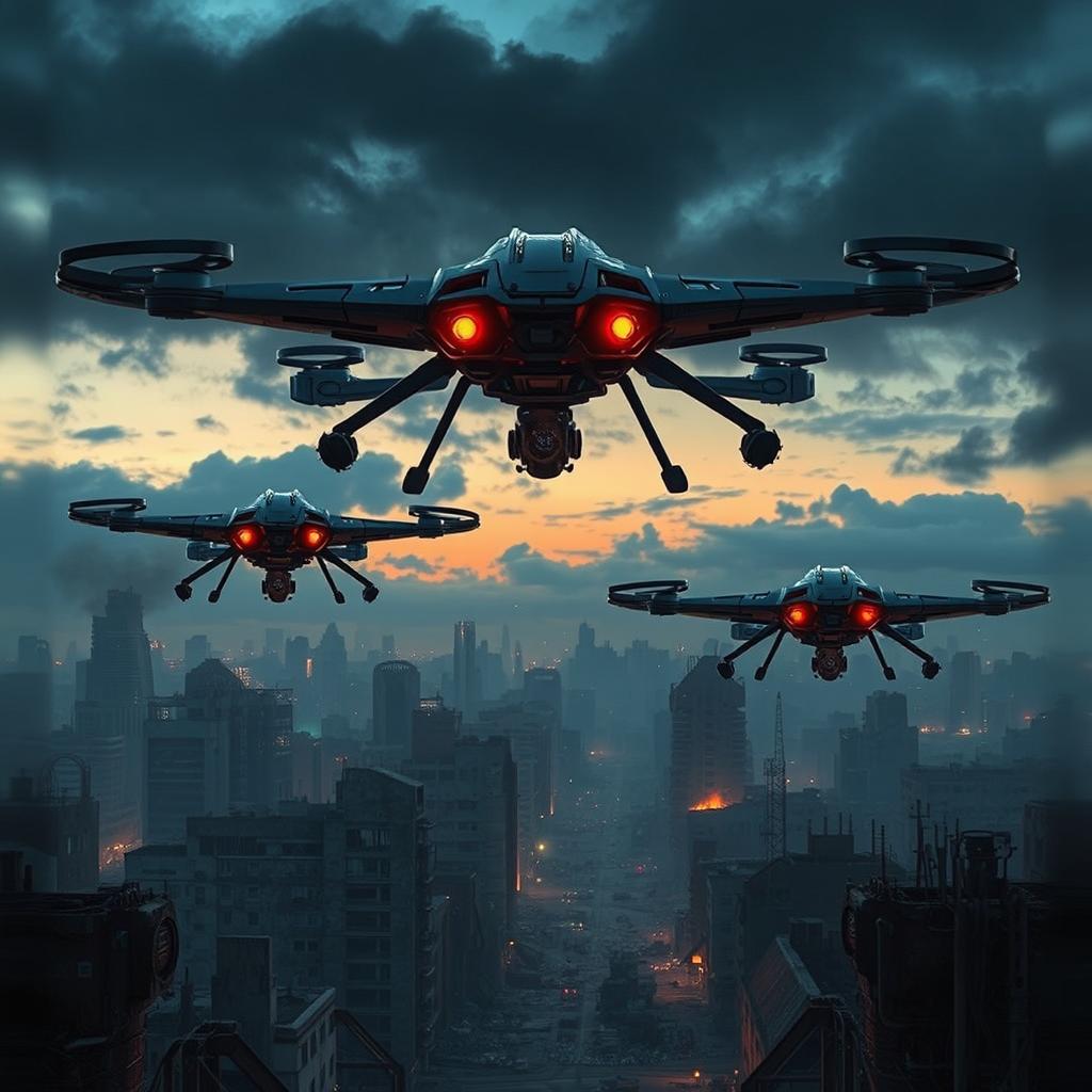 A dystopian landscape featuring advanced robotic drones designed for surveillance and combat, known as 'murder drones